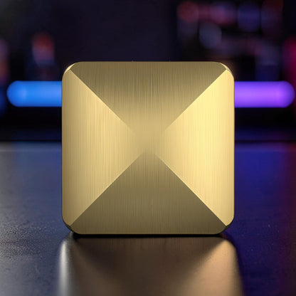 The Curious Mind Flipo Flip Square Desk Spinner, brushed aluminum kinetic sculpture with faceted design and satisfying weight.