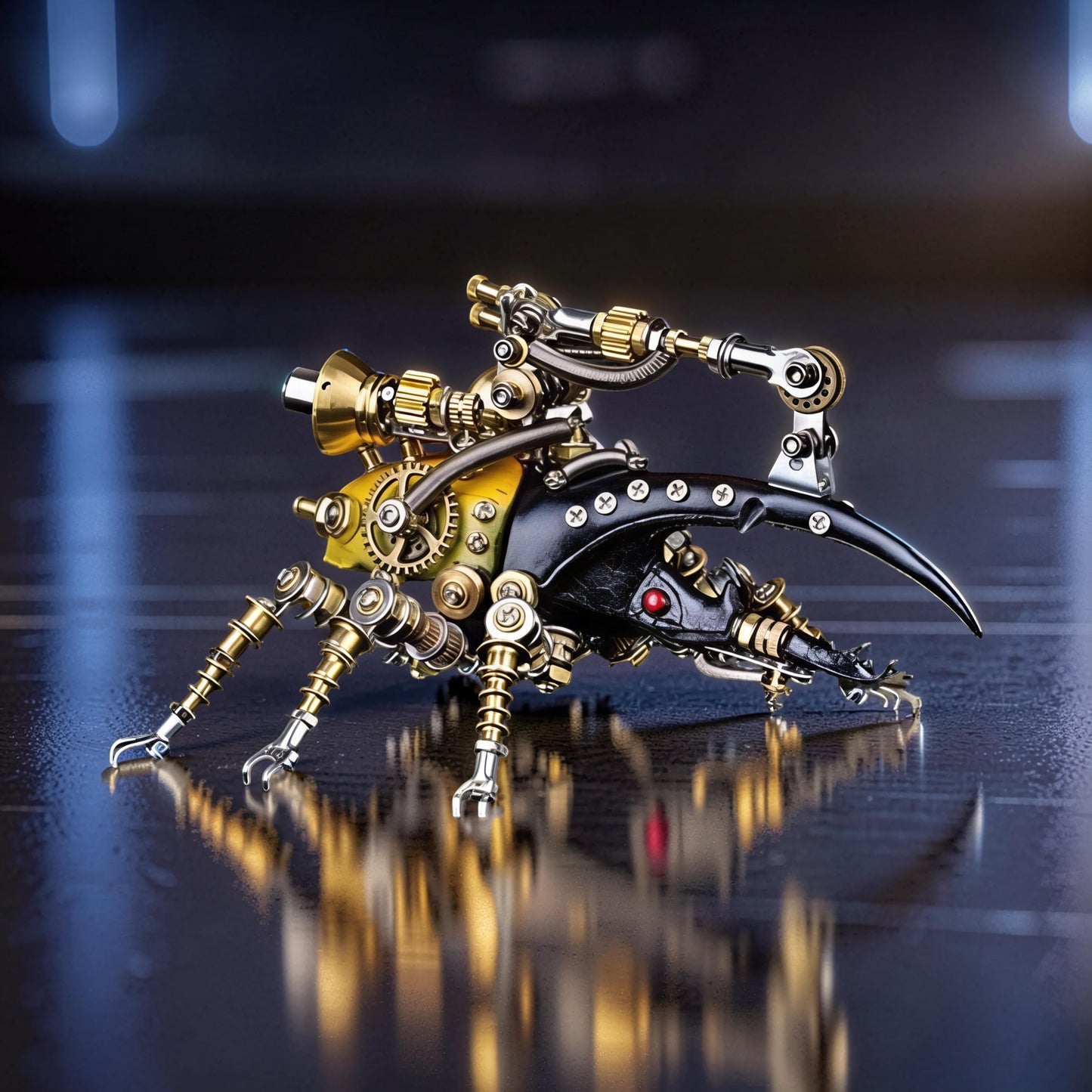 The Curious Mind Stag Beetle with Lights 3D metal model kit, steampunk design with gold and black accents, intricate mechanical details, and red eye accents.