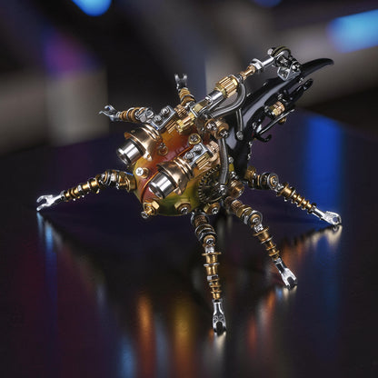 The Curious Mind Stag Beetle with Lights 3D metal model kit, featuring intricate steampunk mechanical details and metallic finishes.