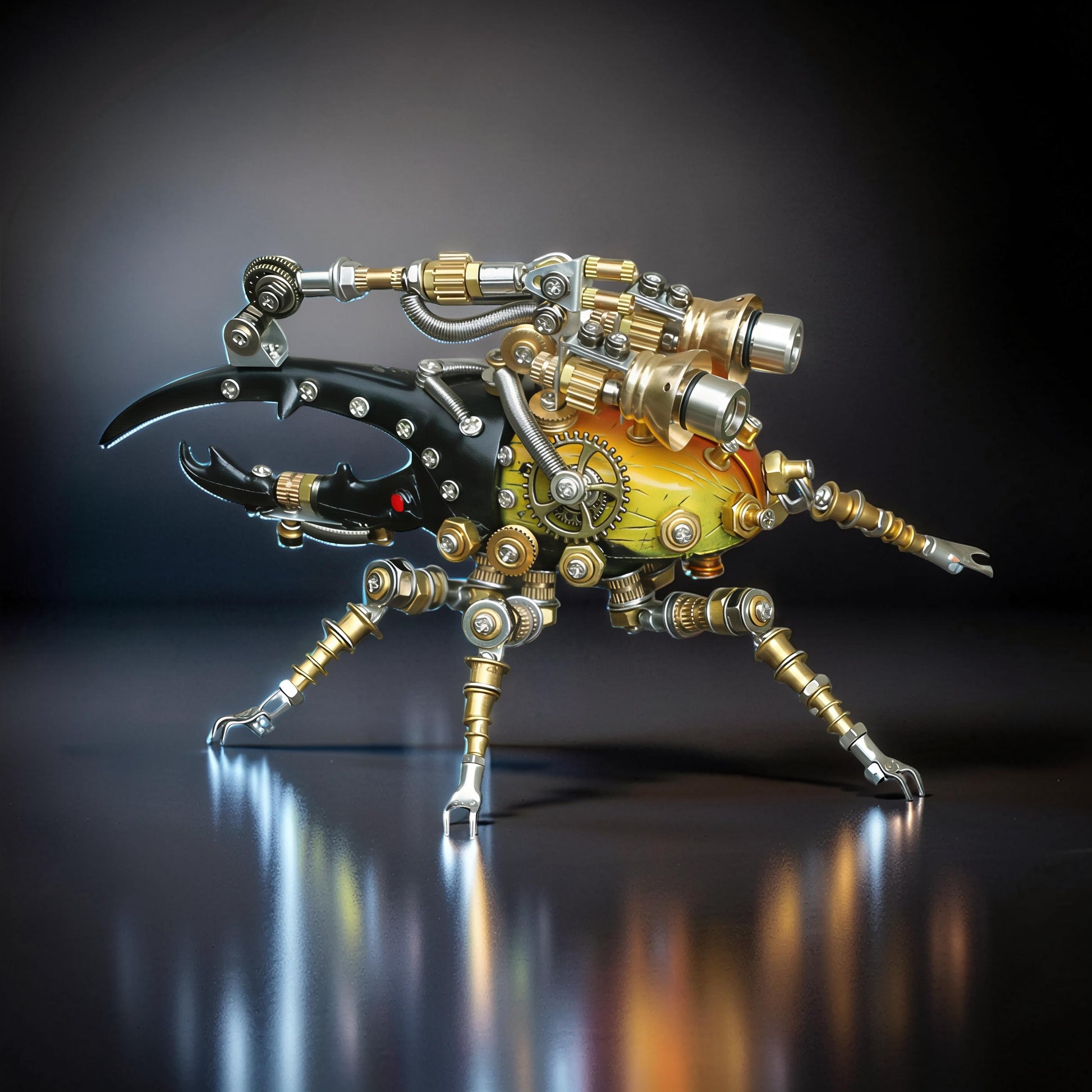 The Curious Mind Stag Beetle with Lights 3D metal model kit, featuring intricate gears, brass and silver metallic details, and a black head with red accent.