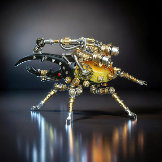The Curious Mind Stag Beetle with Lights 3D metal model kit, featuring intricate gears, brass and silver metallic details, and a black head with red accent.