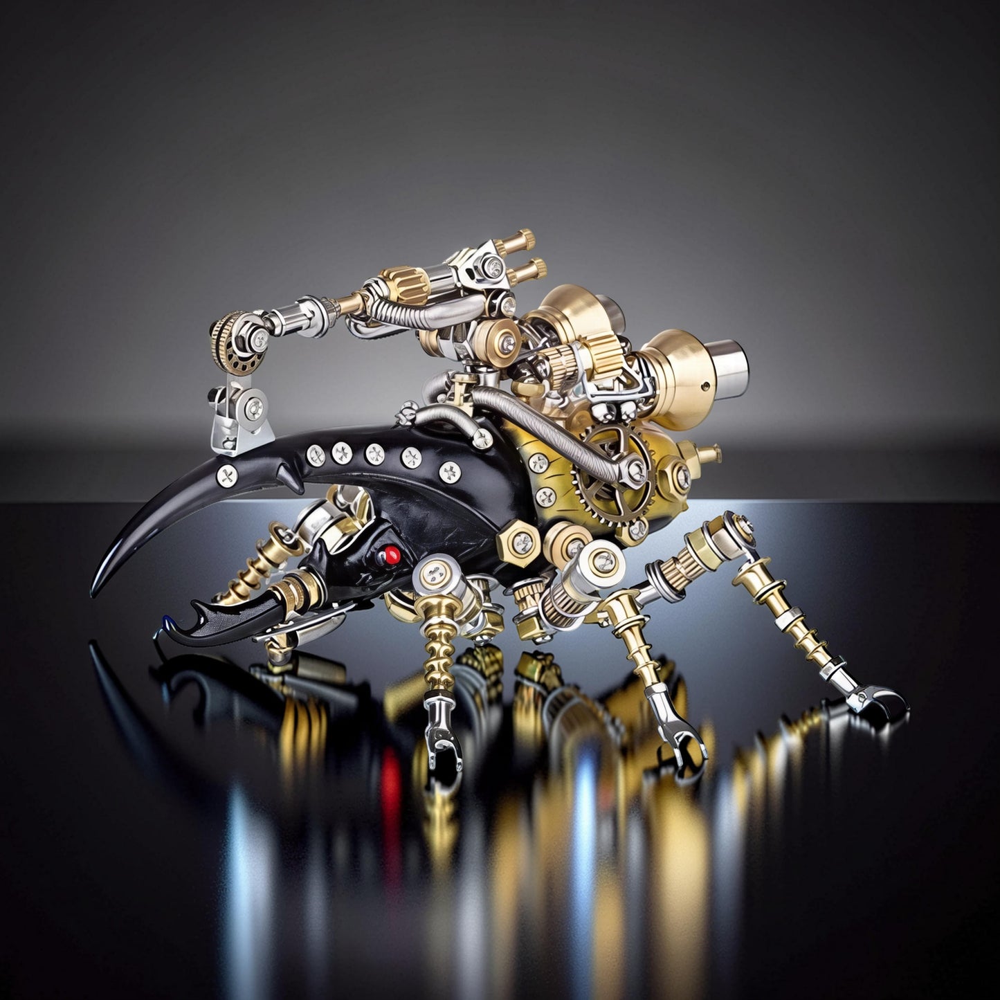 The Curious Mind Stag Beetle with Lights 3D metal model kit, featuring intricate steampunk mechanical details, gold and silver accents, and red eyes.