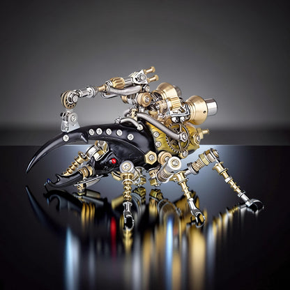 The Curious Mind Stag Beetle with Lights 3D metal model kit, featuring intricate steampunk mechanical details, gold and silver accents, and red eyes.
