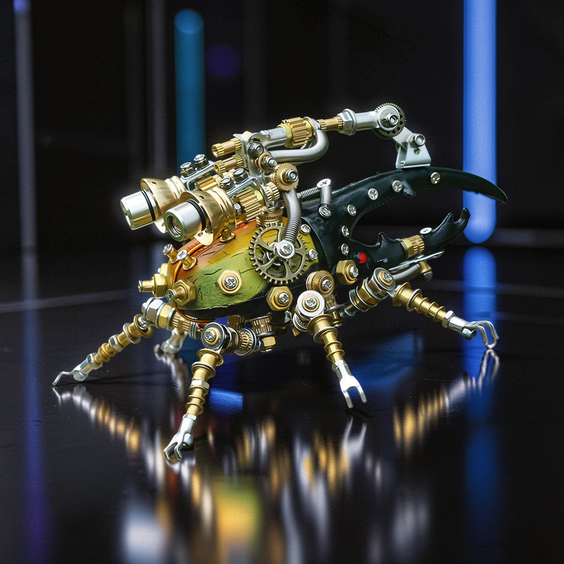 The Curious Mind Stag Beetle with Lights 3D metal model kit, featuring intricate gears, brass and silver metallic accents, and a green and yellow body.