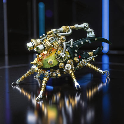 The Curious Mind Stag Beetle with Lights 3D metal model kit, featuring intricate gears, brass and silver metallic accents, and a green and yellow body.