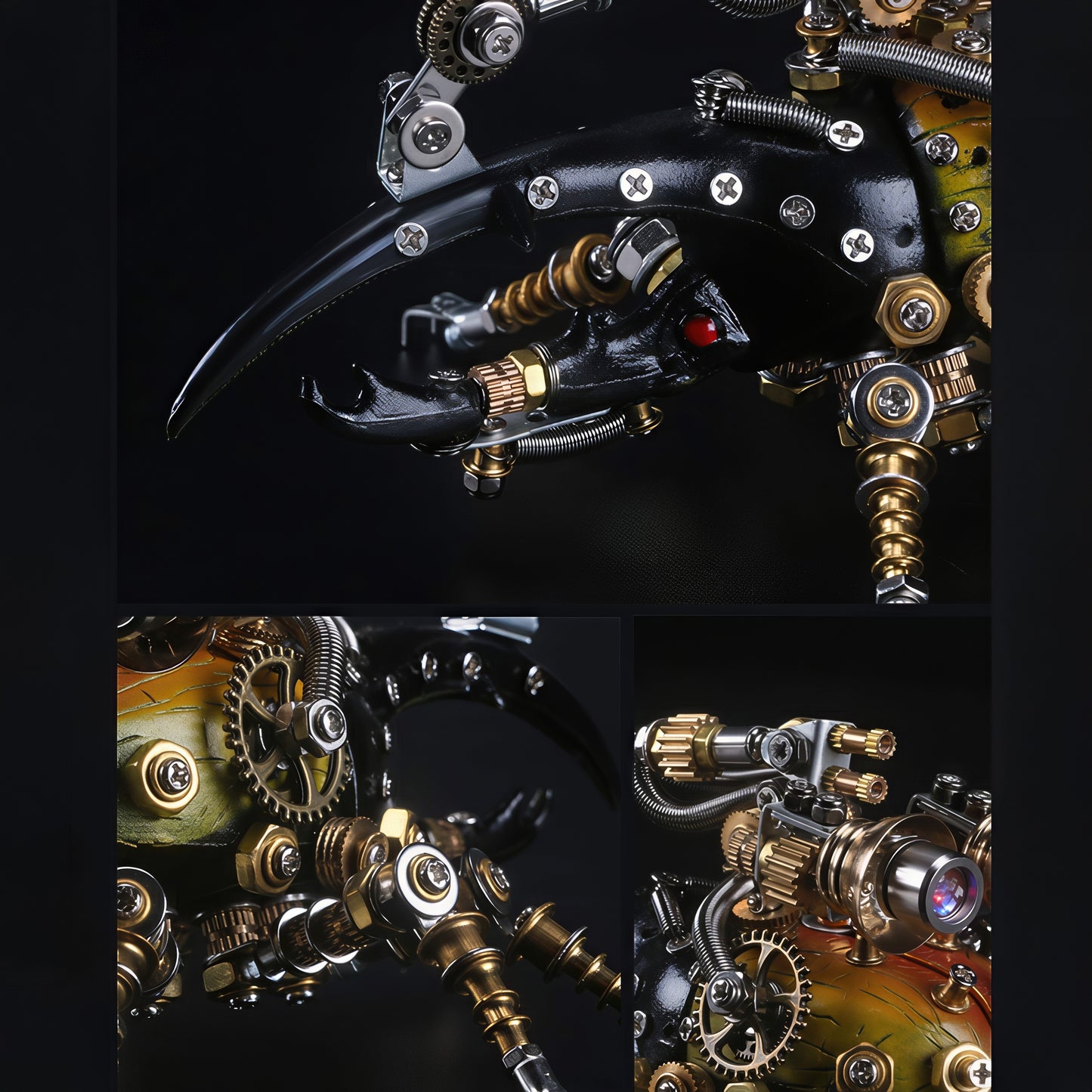 The Curious Mind Stag Beetle with Lights 3D metal model kit, featuring intricate gears, metallic finish, and red LED eyes.