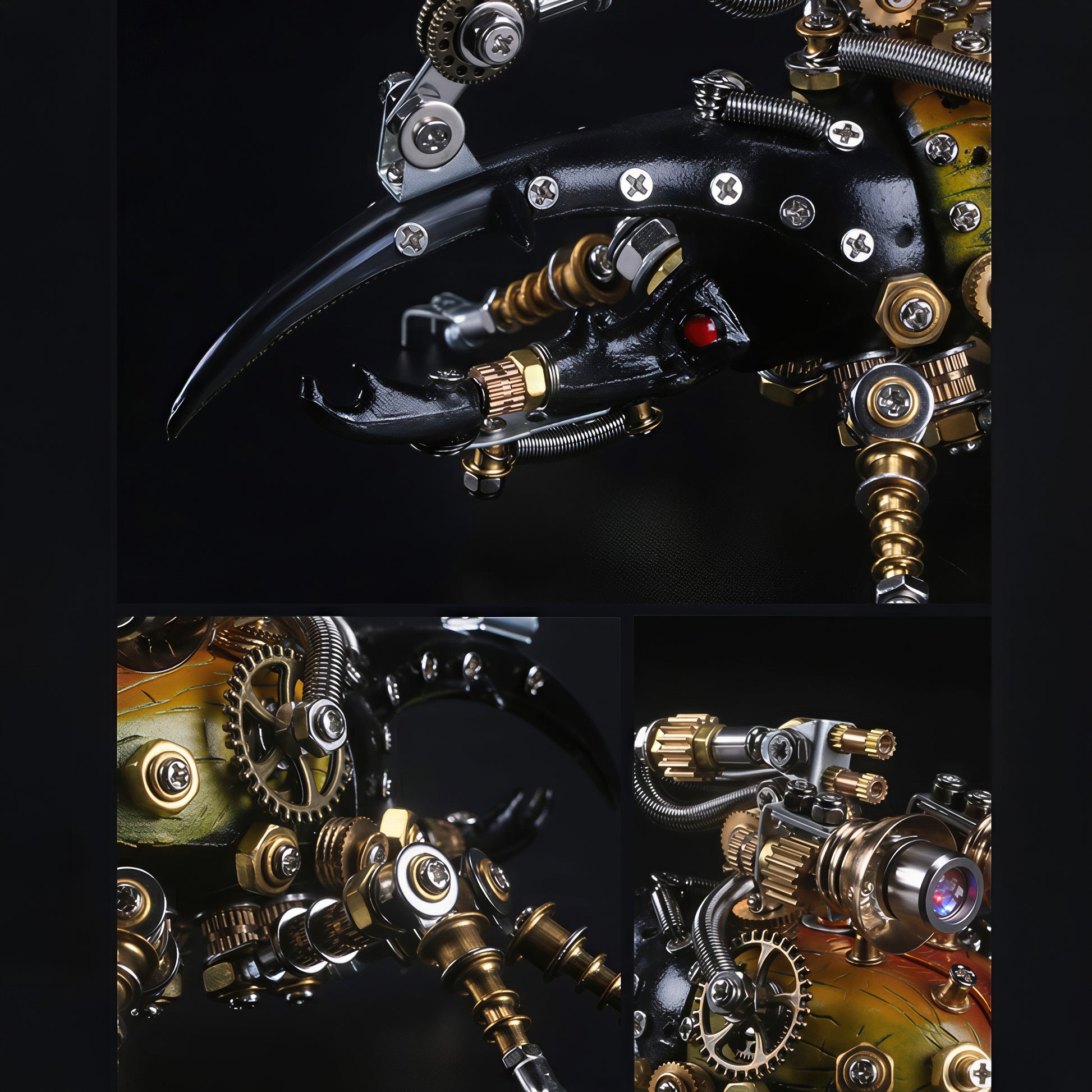 The Curious Mind Stag Beetle with Lights 3D metal model kit, featuring intricate gears, metallic finish, and red LED eyes.