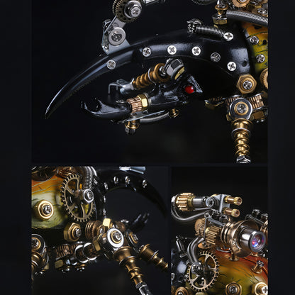 The Curious Mind Stag Beetle with Lights 3D metal model kit, featuring intricate gears, metallic finish, and red LED eyes.