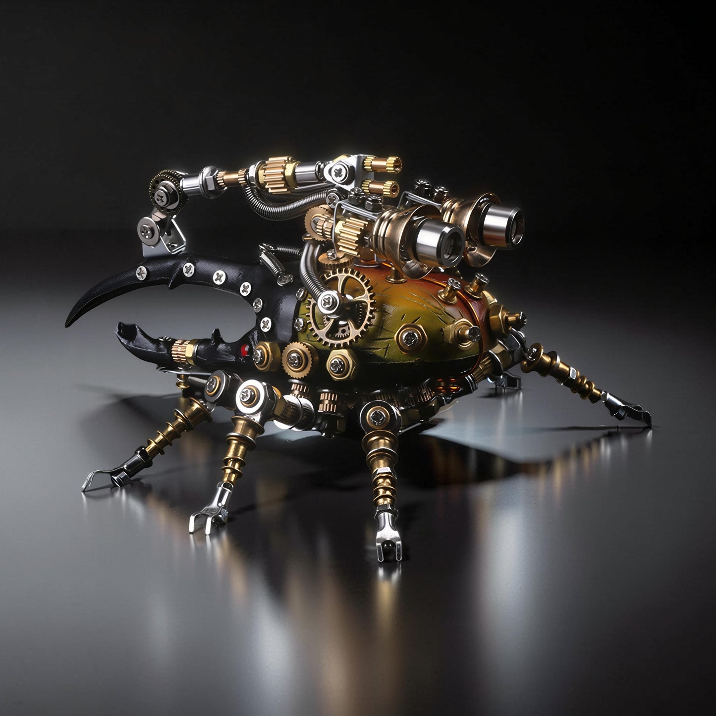 The Curious Mind Stag Beetle with Lights 3D metal model kit, featuring intricate gears, metallic finish, and steampunk design.