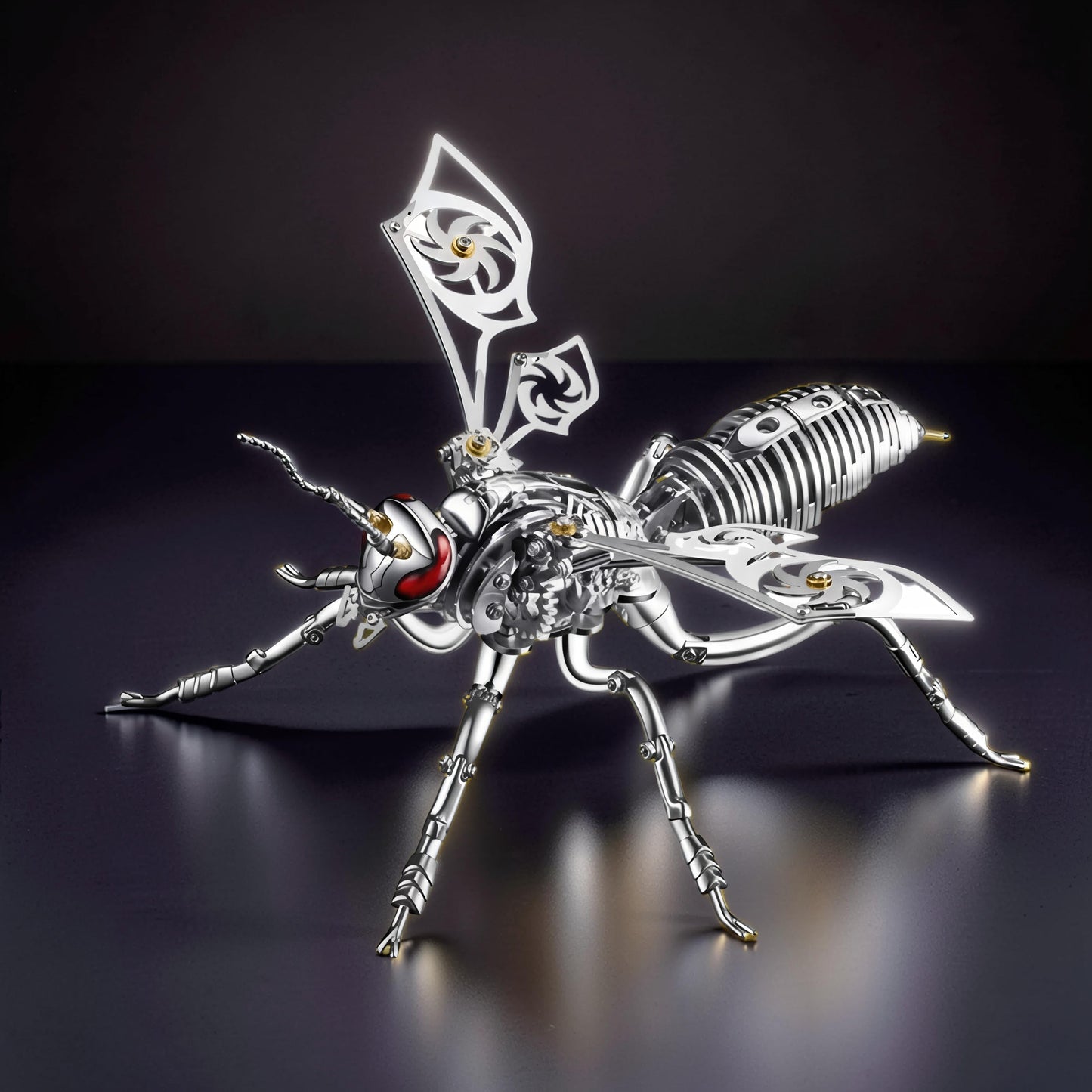 The Curious Mind Stainless Wasp 3D metal model kit, silver and gold accents, intricate mechanical design, steampunk style.