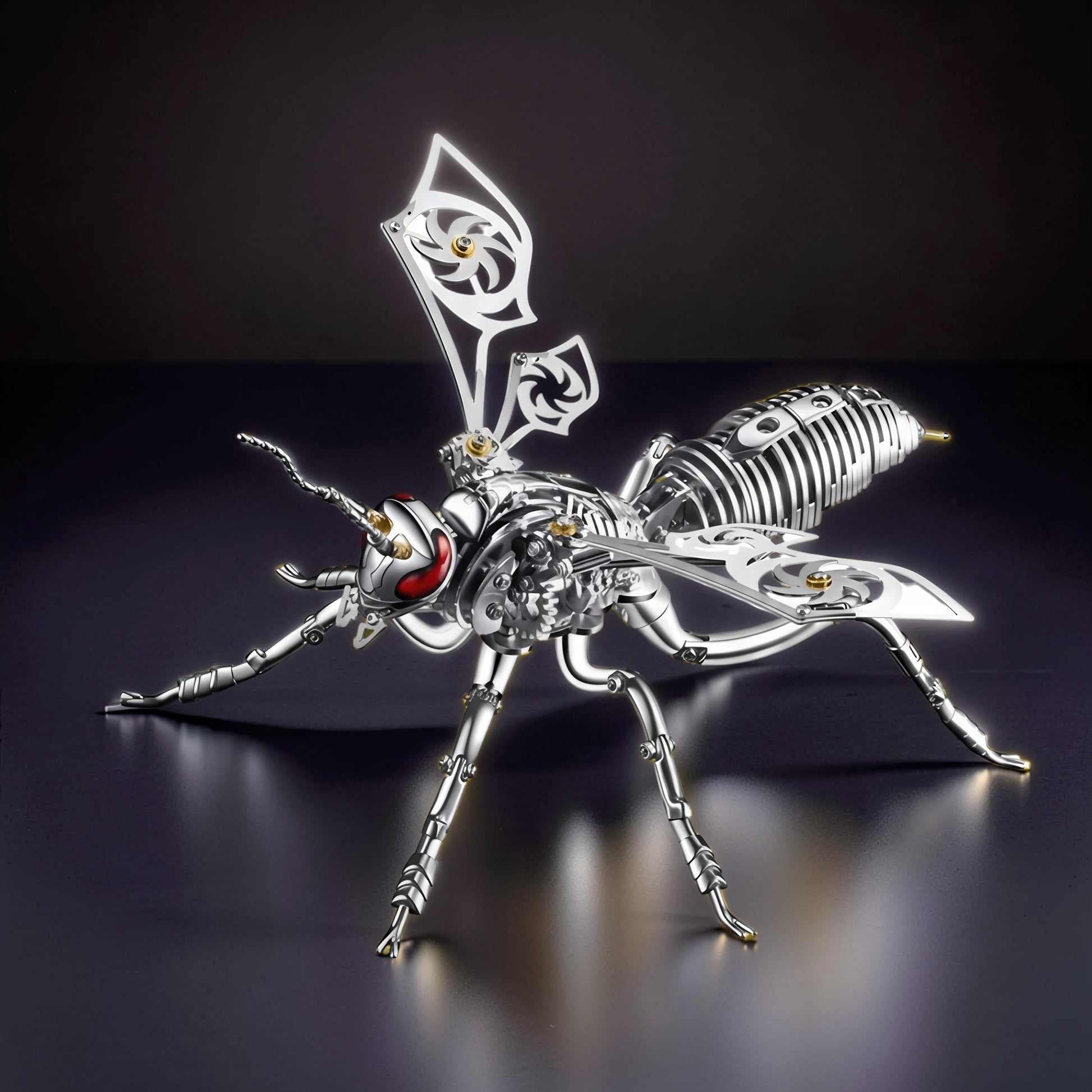 The Curious Mind Stainless Wasp 3D metal model kit, silver and gold accents, intricate mechanical design, steampunk style.