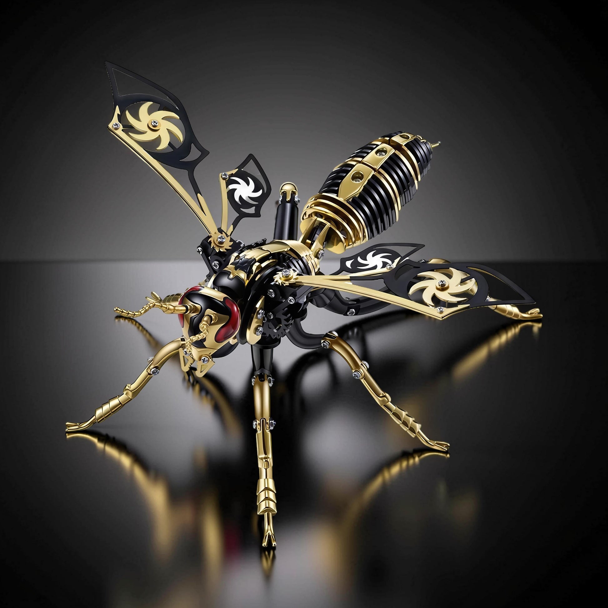 The Curious Mind Stainless Wasp 3D metal model kit in gold and black with intricate mechanical details and steampunk design.