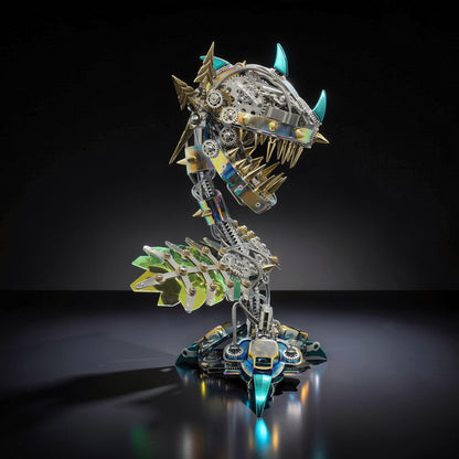The Curious Mind Steampunk Cannibal Flower 3D metal model kit with intricate gears, sharp gold teeth, and iridescent green petals.