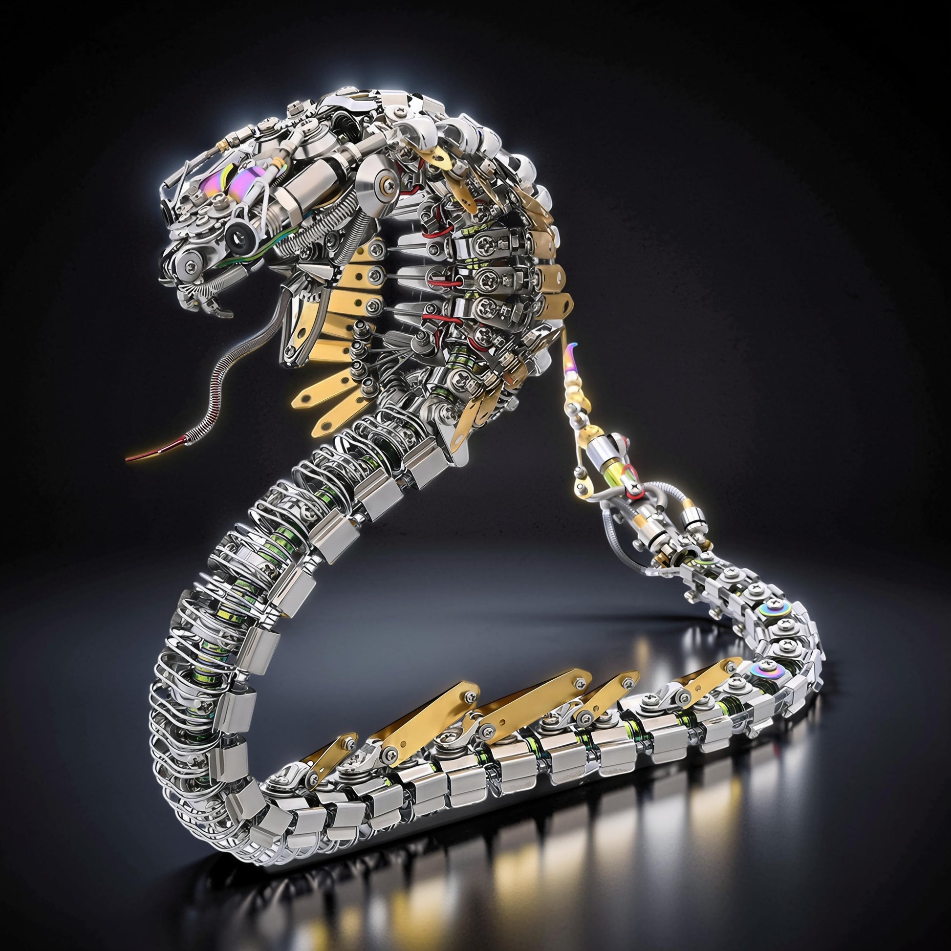 The Curious Mind Steampunk Cobra 3D metal model kit, intricate mechanical snake with silver and gold accents, detailed gears and wires.