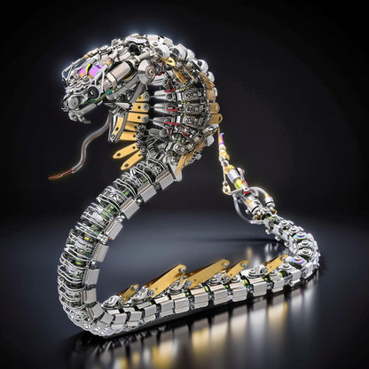 The Curious Mind Steampunk Cobra 3D metal model kit, intricate mechanical snake with silver and gold accents, detailed gears and wires.