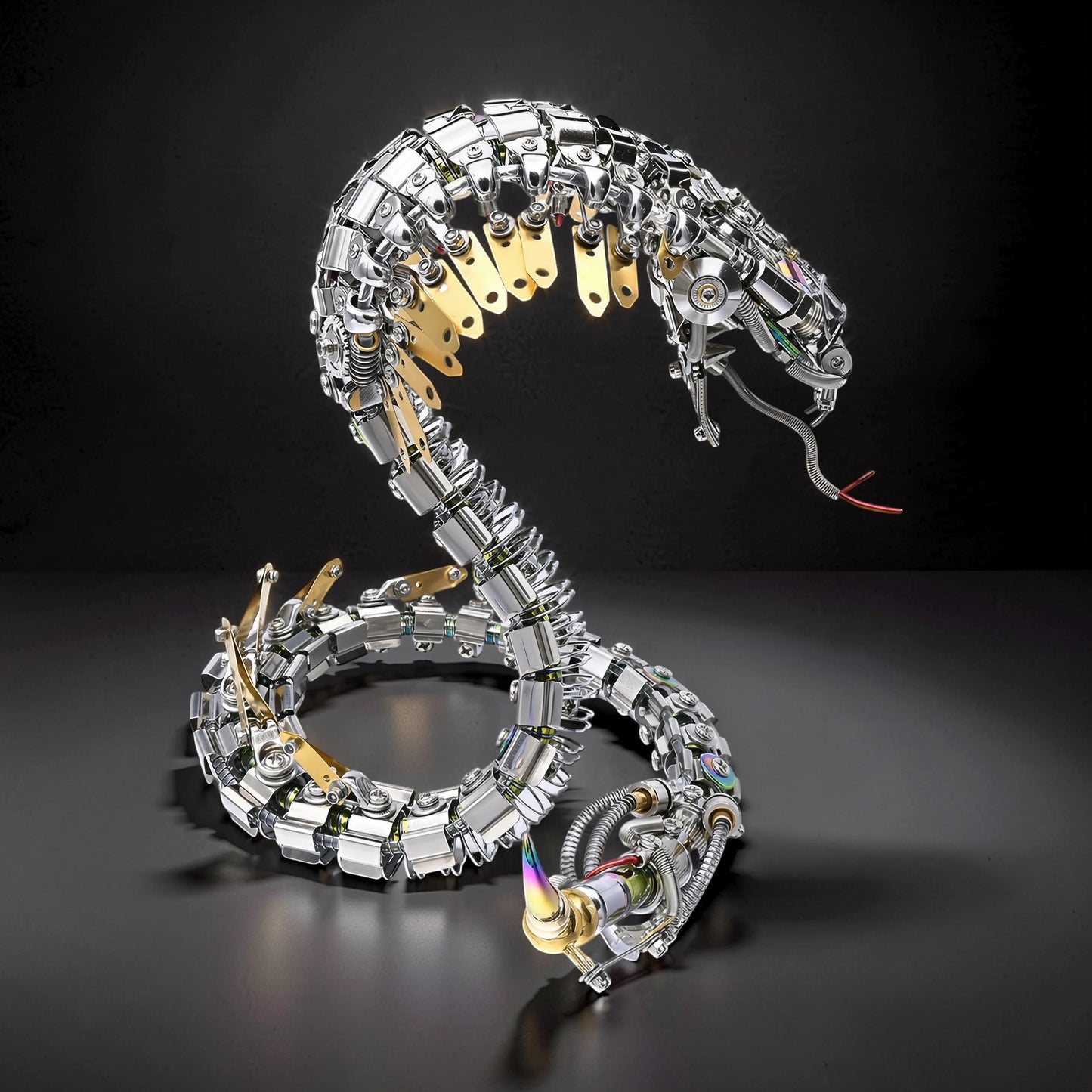 The Curious Mind Steampunk Cobra 3D metal model kit, intricate mechanical snake sculpture with silver and gold accents.