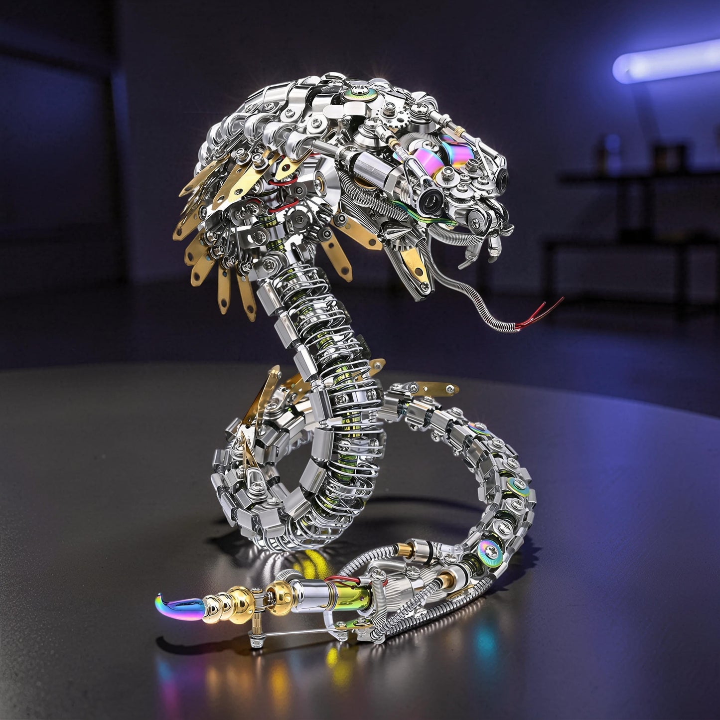 The Curious Mind Steampunk Cobra 3D metal model kit, intricate mechanical snake with silver, gold, and iridescent details.