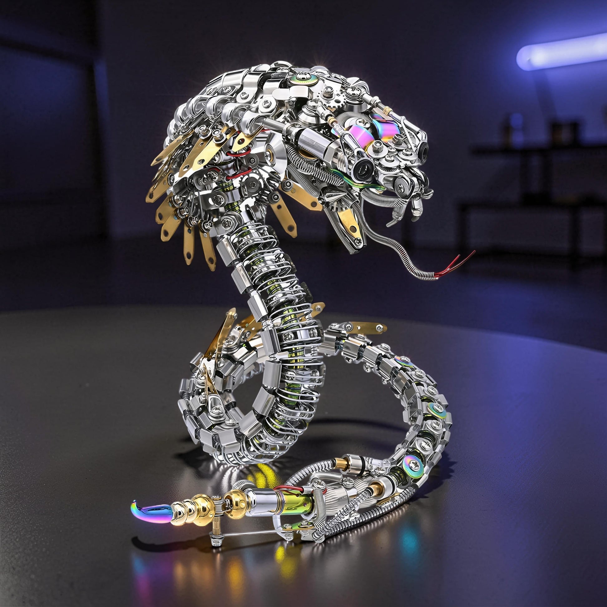 The Curious Mind Steampunk Cobra 3D metal model kit, intricate mechanical snake with silver, gold, and iridescent details.