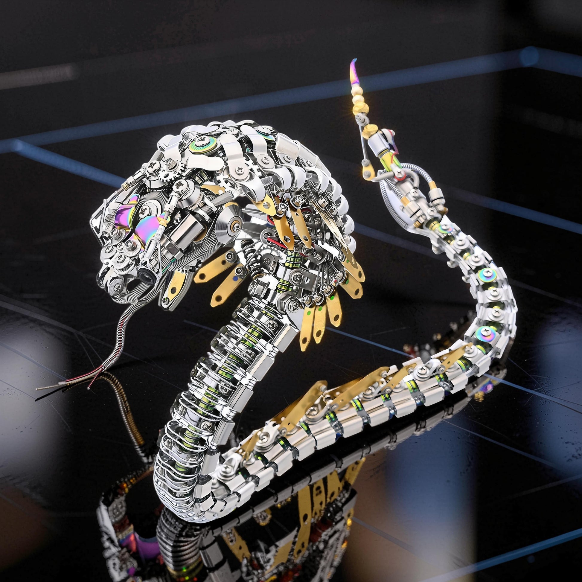 The Curious Mind Steampunk Cobra 3D metal model kit, intricate mechanical snake with metallic silver and gold accents, detailed gears and joints.
