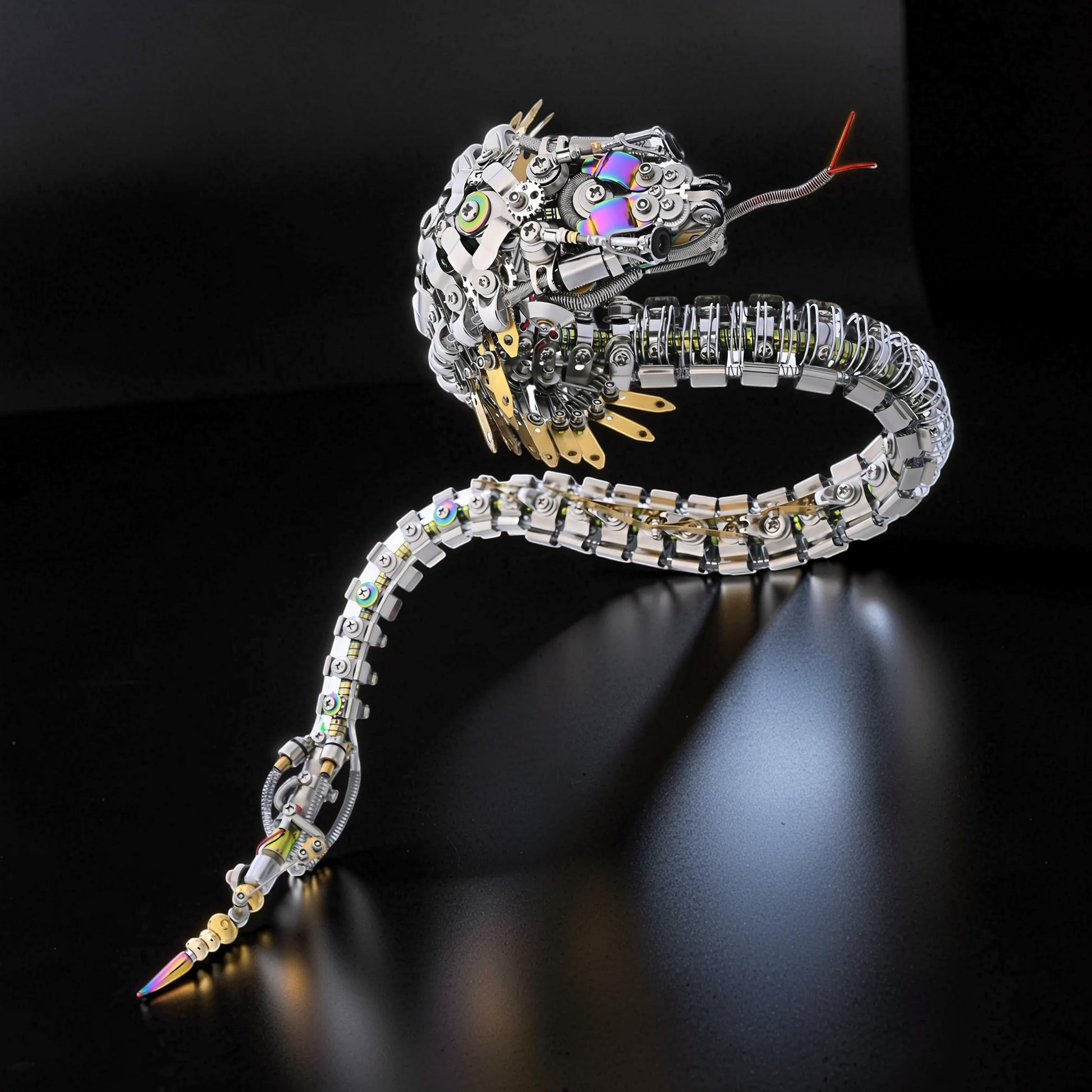 The Curious Mind Steampunk Cobra 3D metal model kit, intricate mechanical snake sculpture with metallic gears and iridescent accents.