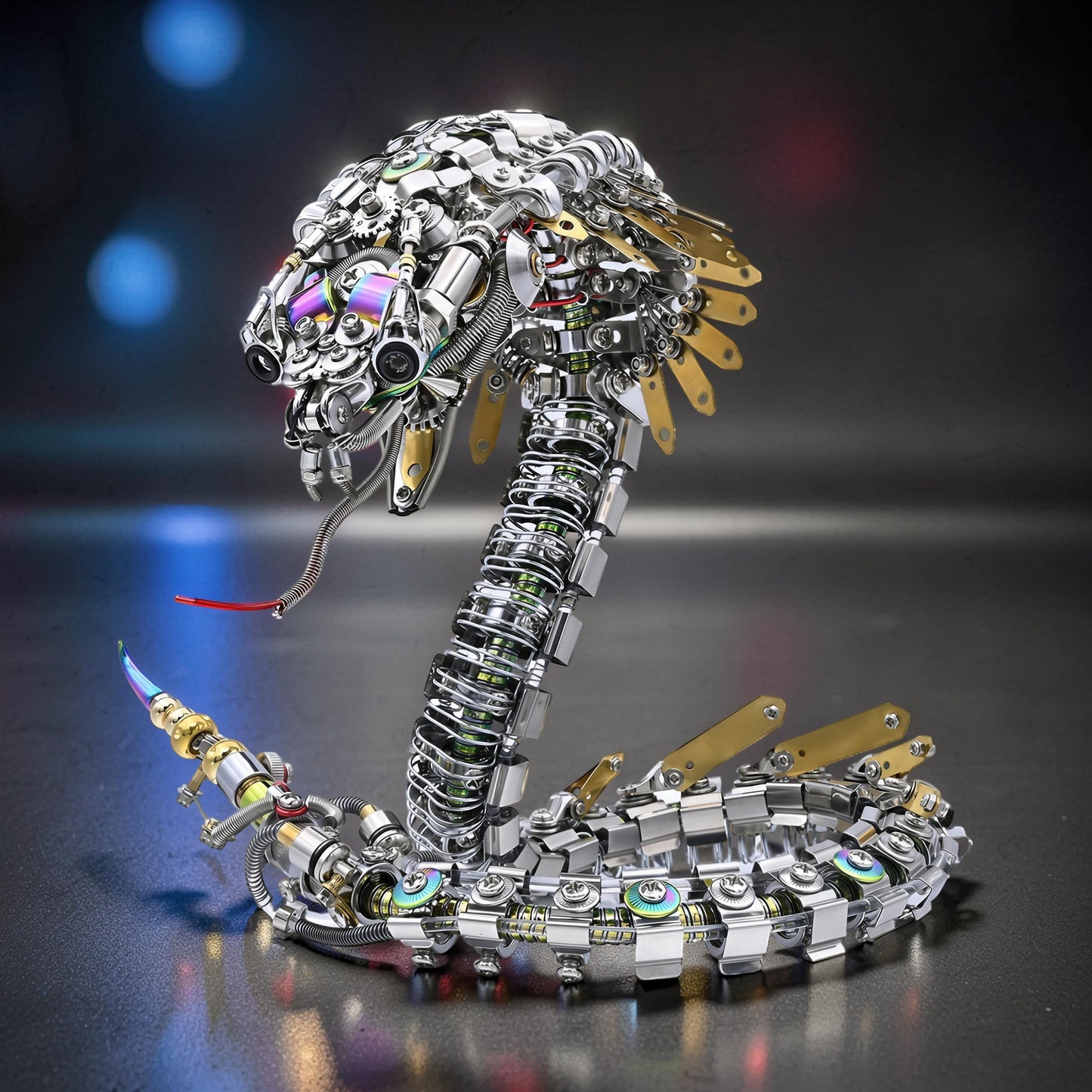 The Curious Mind Steampunk Cobra 3D metal model kit, intricate mechanical snake with metallic silver and gold accents, detailed gears, and iridescent eyes.