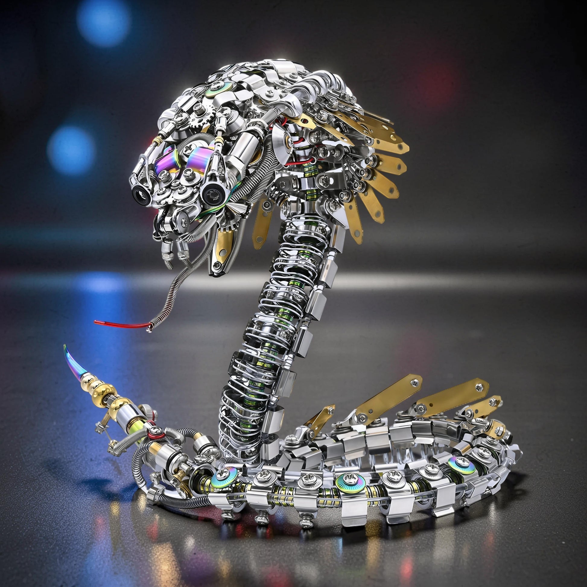 The Curious Mind Steampunk Cobra 3D metal model kit, intricate mechanical snake with metallic silver and gold accents, detailed gears, and iridescent eyes.