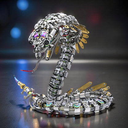 The Curious Mind Steampunk Cobra 3D metal model kit, intricate mechanical snake with metallic silver and gold accents, detailed gears, and iridescent eyes.
