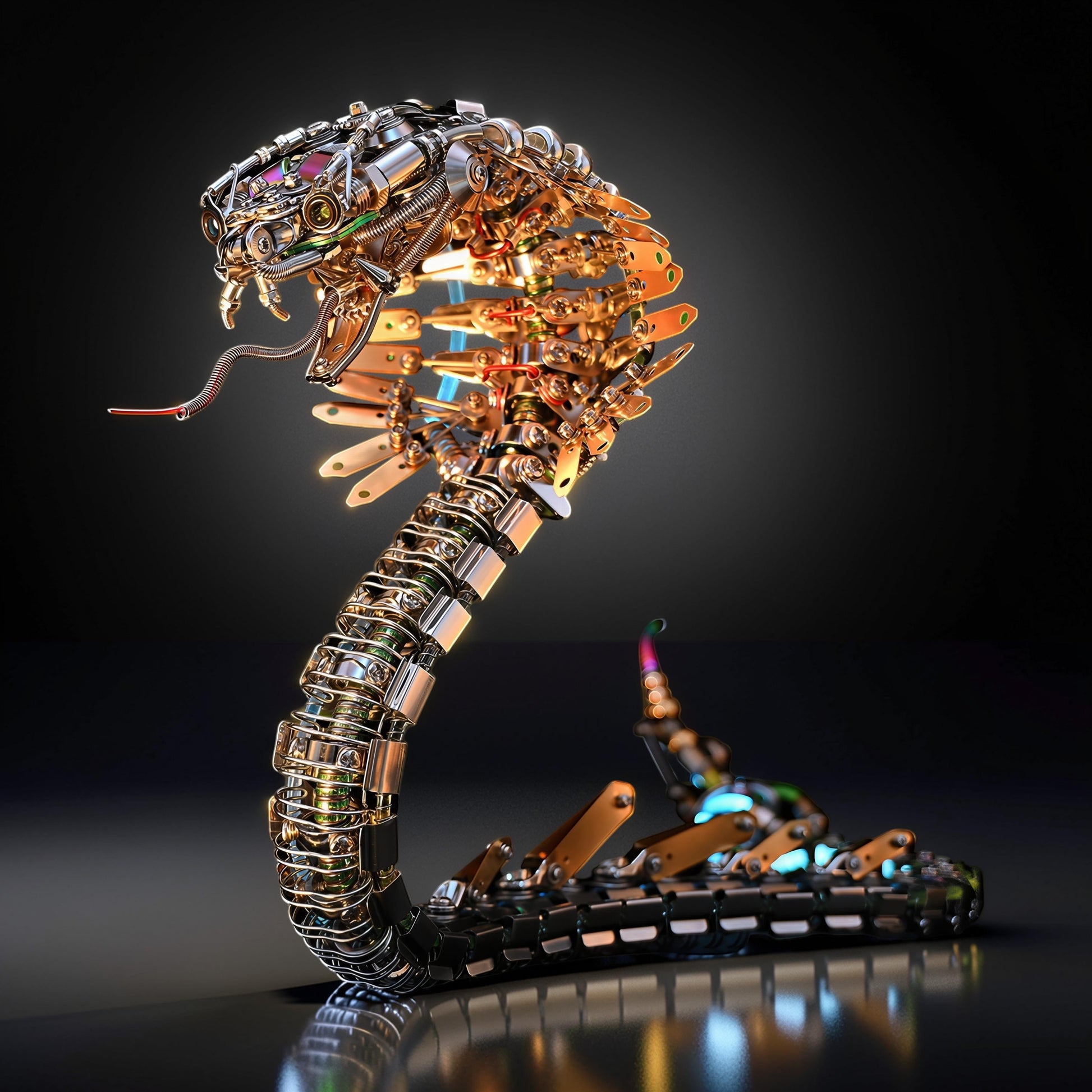The Curious Mind Steampunk Cobra 3D metal model kit, intricate mechanical snake with metallic silver and brass components, detailed construction, display piece.