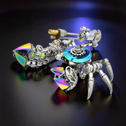 The Curious Mind Premium 3D metal model kit of a steampunk crab with iridescent claws and a blue metallic body.