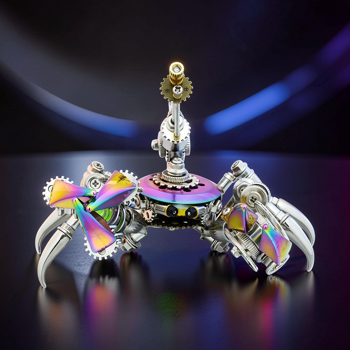 The Curious Mind Premium 3D metal model kit of a steampunk crab with iridescent accents and intricate gears.