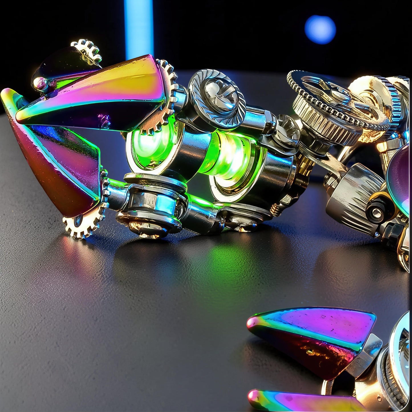 The Curious Mind Premium 3D metal model kit of a steampunk crab with iridescent claws and green glowing eyes.