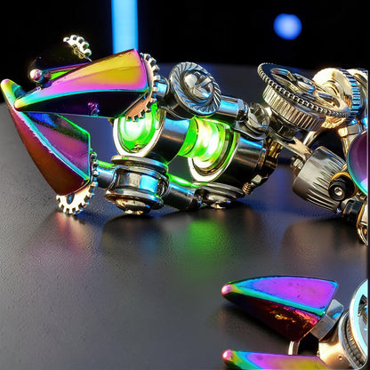 The Curious Mind Premium 3D metal model kit of a steampunk crab with iridescent claws and green glowing eyes.