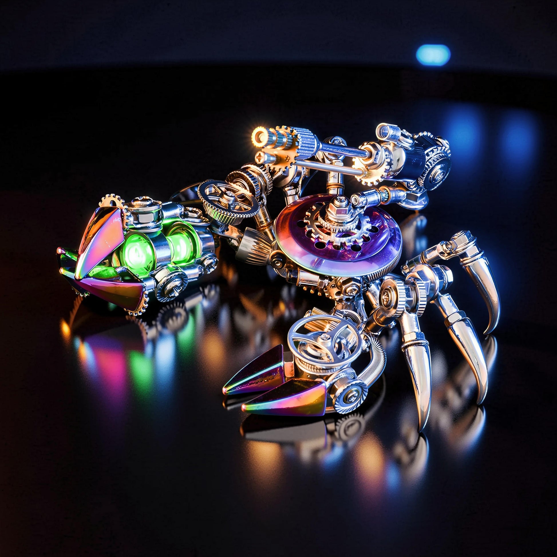 The Curious Mind Premium 3D Metal Model Kit: Steampunk crab with iridescent claws and green glowing eyes.
