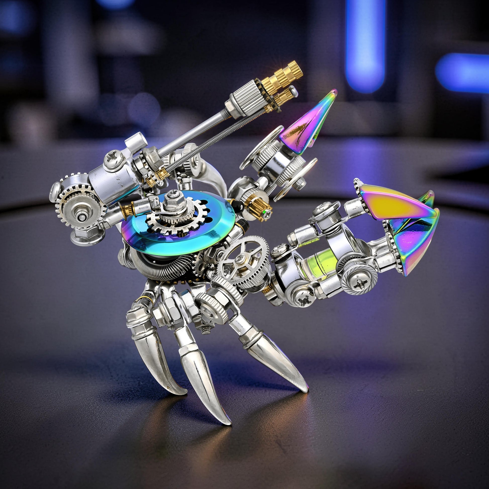 The Curious Mind Premium 3D metal model kit of a steampunk crab with iridescent accents and intricate gears.