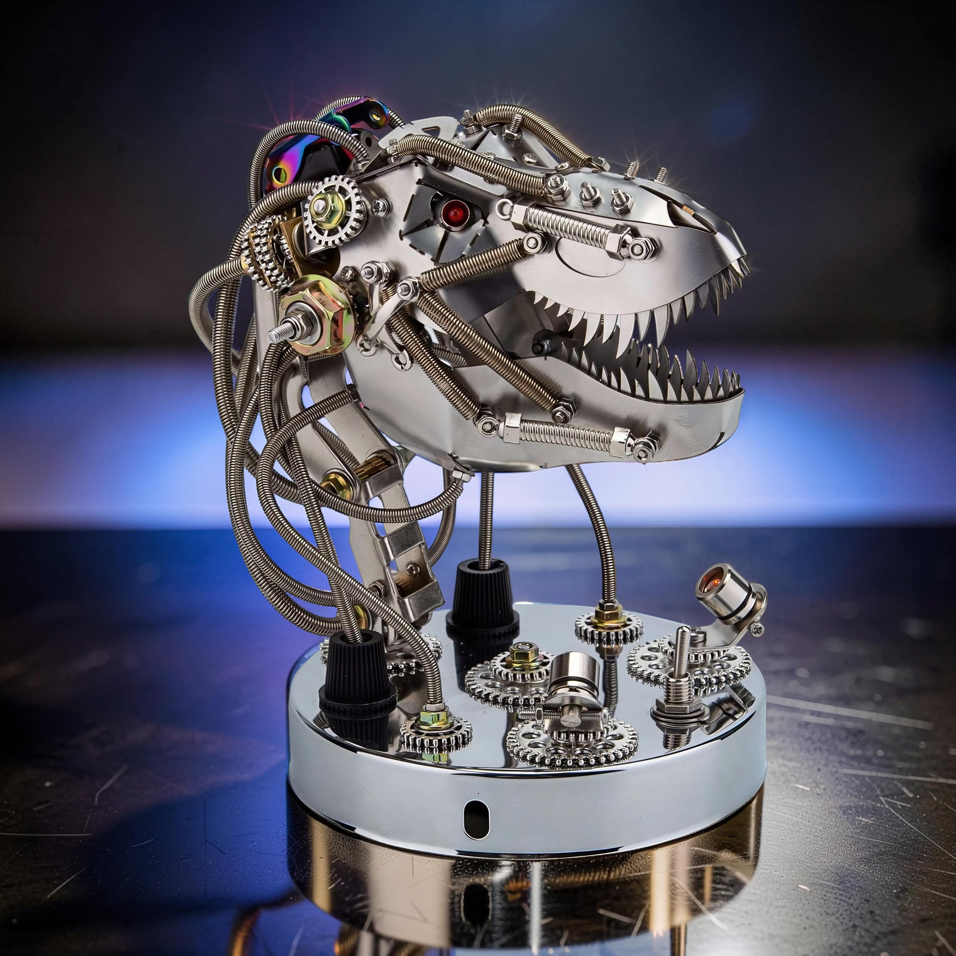 The Curious Mind Steampunk dinosaur head model kit made of polished metal with intricate gears, springs, and wires. Features sharp teeth and red eyes.