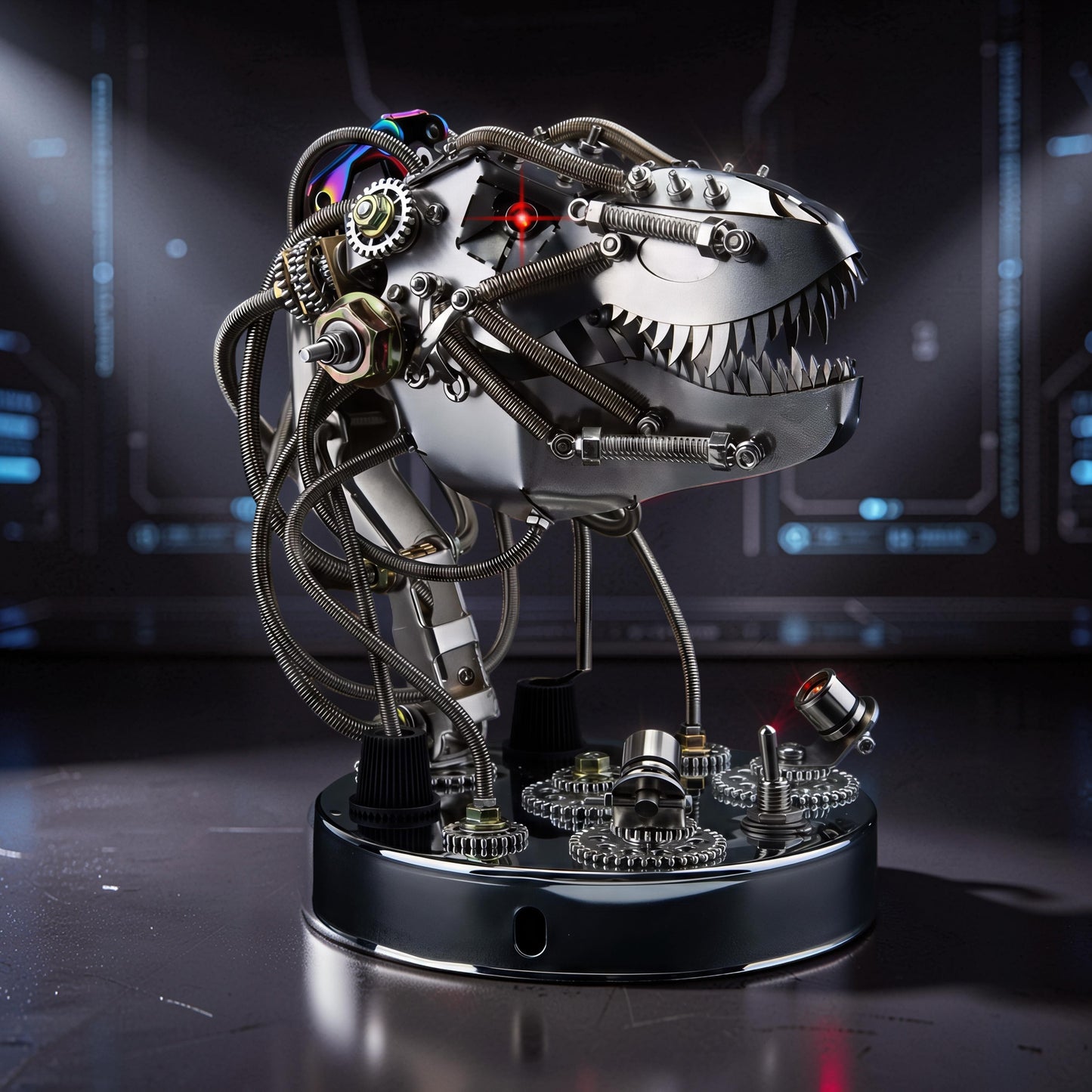The Curious Mind Steampunk movable dinosaur head model kit made of polished metal with intricate gears and wires.
