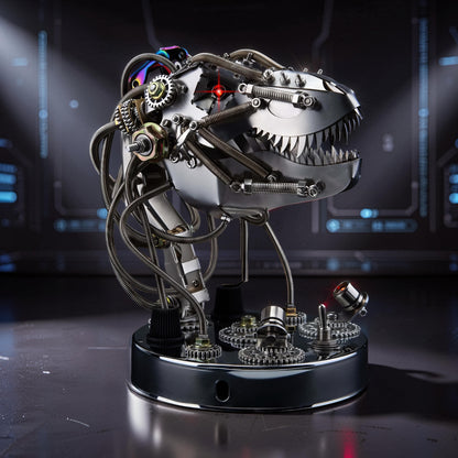 The Curious Mind Steampunk movable dinosaur head model kit made of polished metal with intricate gears and wires.