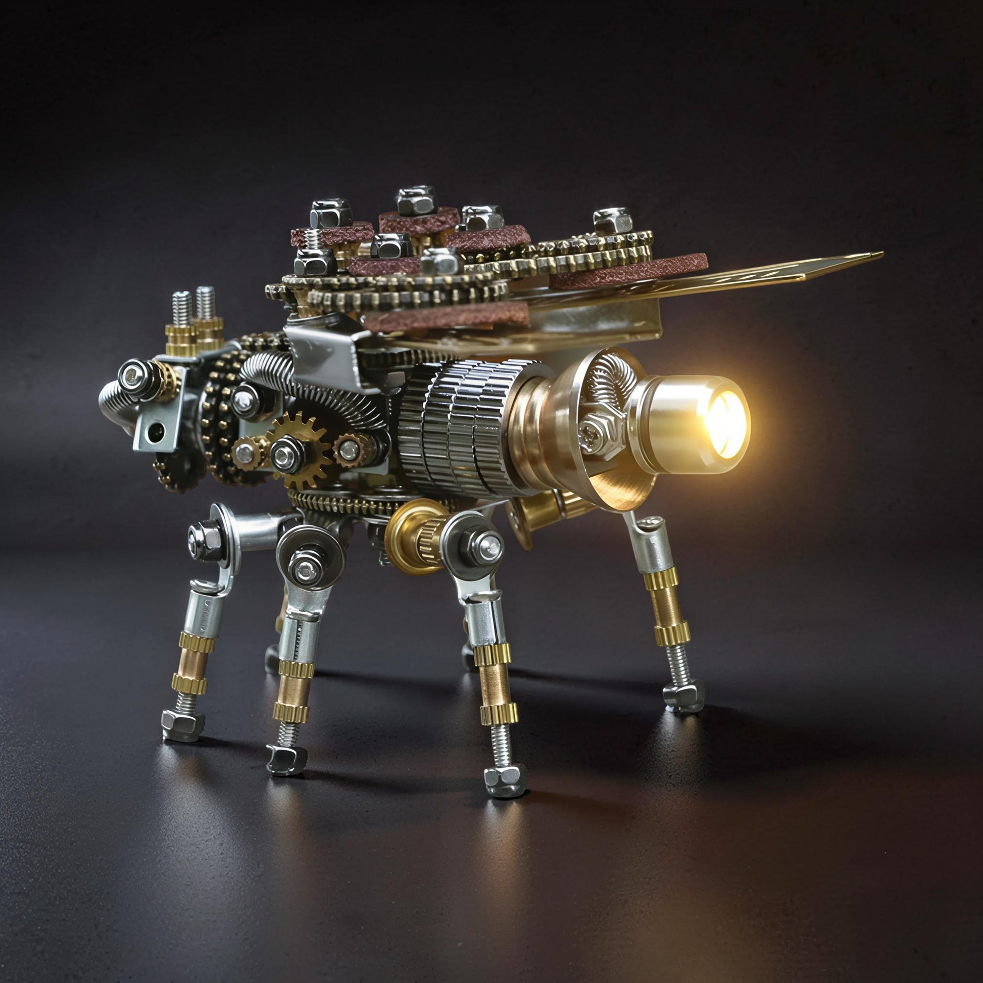 The Curious Mind Firefly premium 3D metal model kit, a steampunk creature with intricate gears, metal plating, and a glowing light.