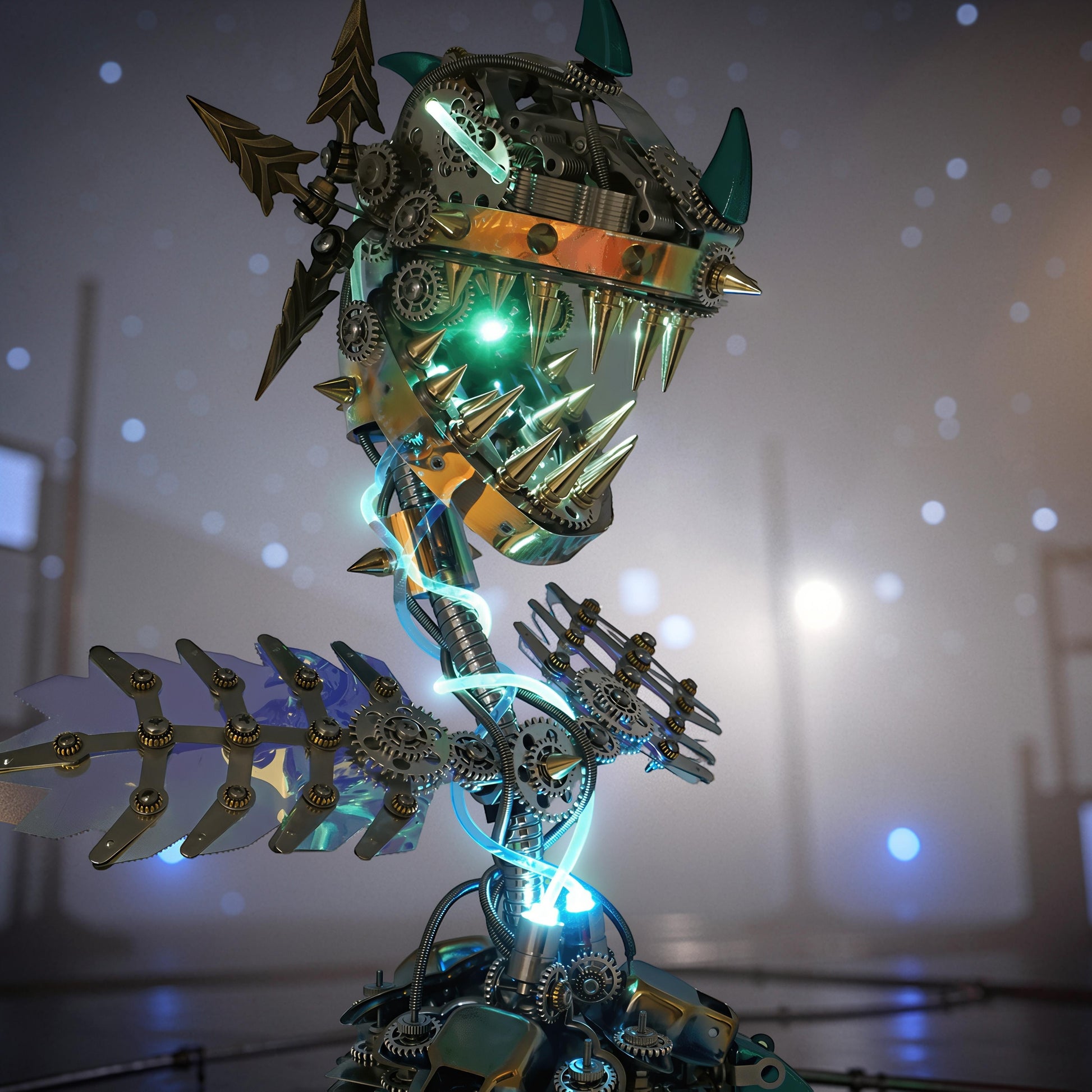 The Curious Mind Cannibal Flower steampunk metal model kit with sharp teeth, glowing green eyes, and intricate gears. Teal fins and metallic accents.