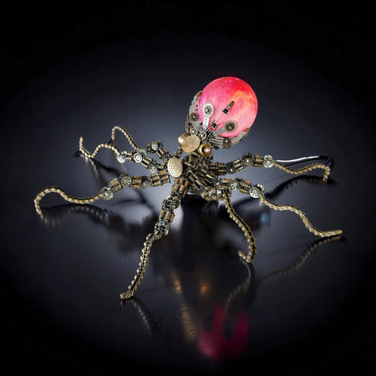 The Curious Mind Steampunk Octopus metal model kit with colourful lights and intricate gears. A unique desktop display piece.