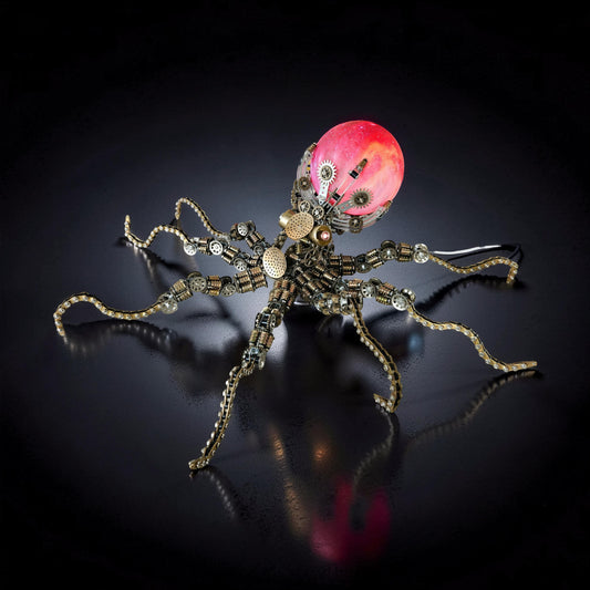The Curious Mind Steampunk Octopus metal model kit with colourful lights and intricate gears. A unique desktop display piece.