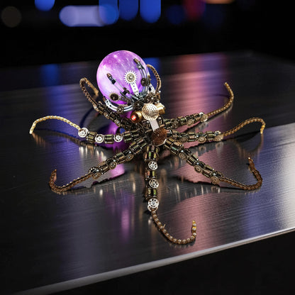 The Curious Mind Steampunk Octopus metal model kit with colourful lights and intricate gears. A unique desktop display piece.