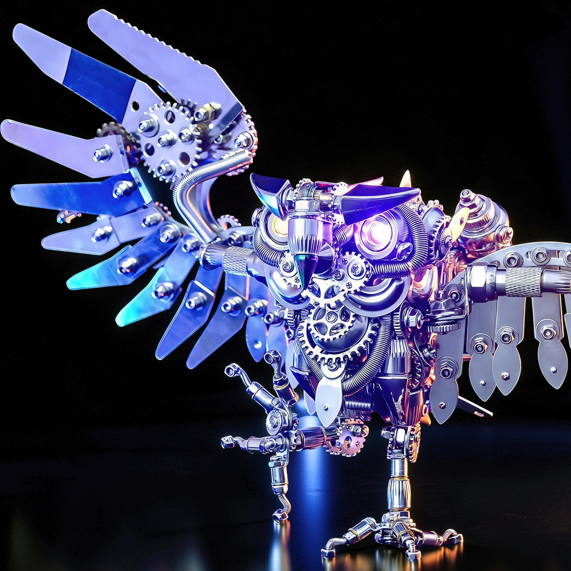The Curious Mind Steampunk Owl 3D metal model kit with intricate gears, metallic feathers, and glowing eyes. Detailed mechanical owl sculpture.