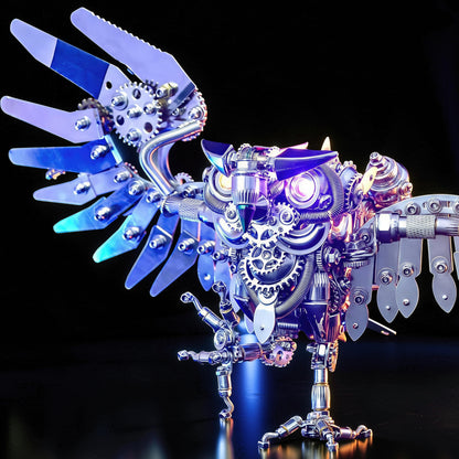 The Curious Mind Steampunk Owl 3D metal model kit with intricate gears, metallic feathers, and glowing eyes. Detailed mechanical owl sculpture.