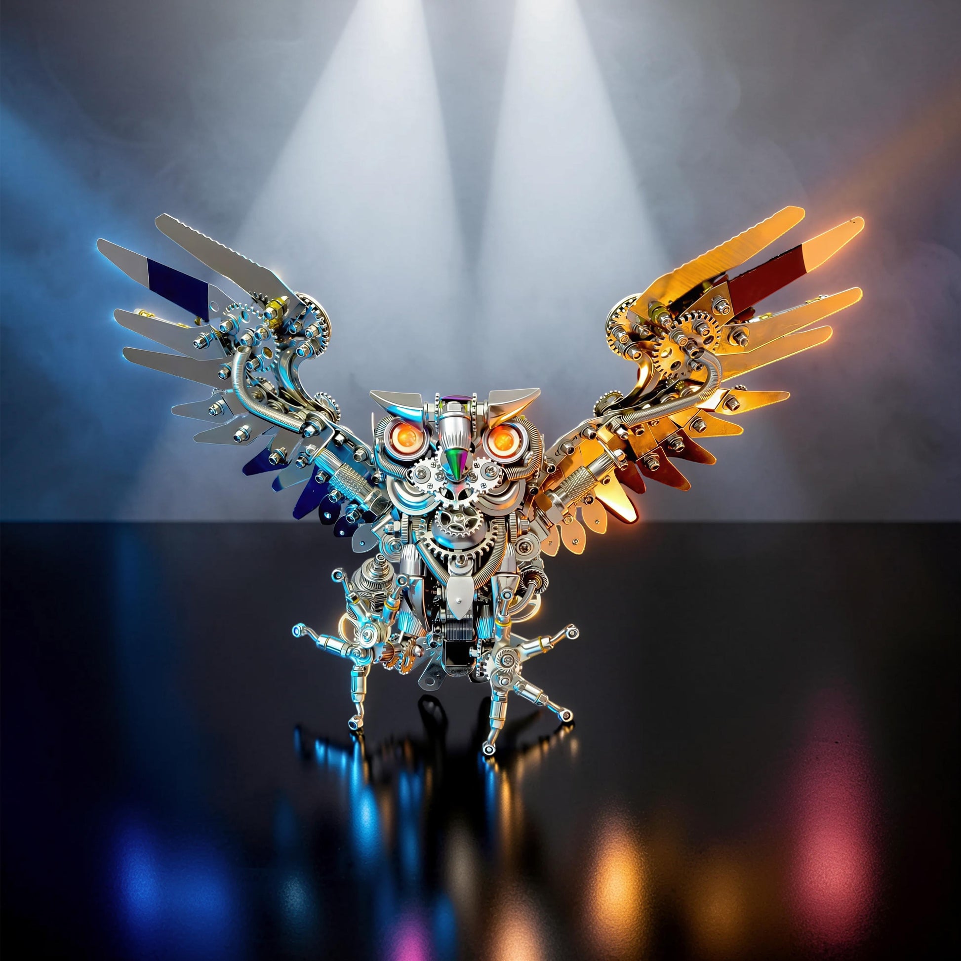 The Curious Mind Steampunk Owl 3D metal model kit with intricate gears, polished metal, and glowing orange eyes.