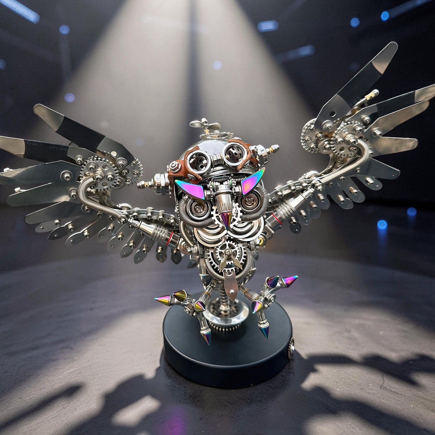 The Curious Mind Steampunk Owl 3D metal model kit with intricate gears, wings, and iridescent accents. Detailed mechanical owl sculpture.