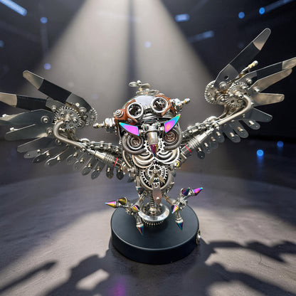 The Curious Mind Steampunk Owl 3D metal model kit with intricate gears, wings, and iridescent accents. Detailed mechanical owl sculpture.