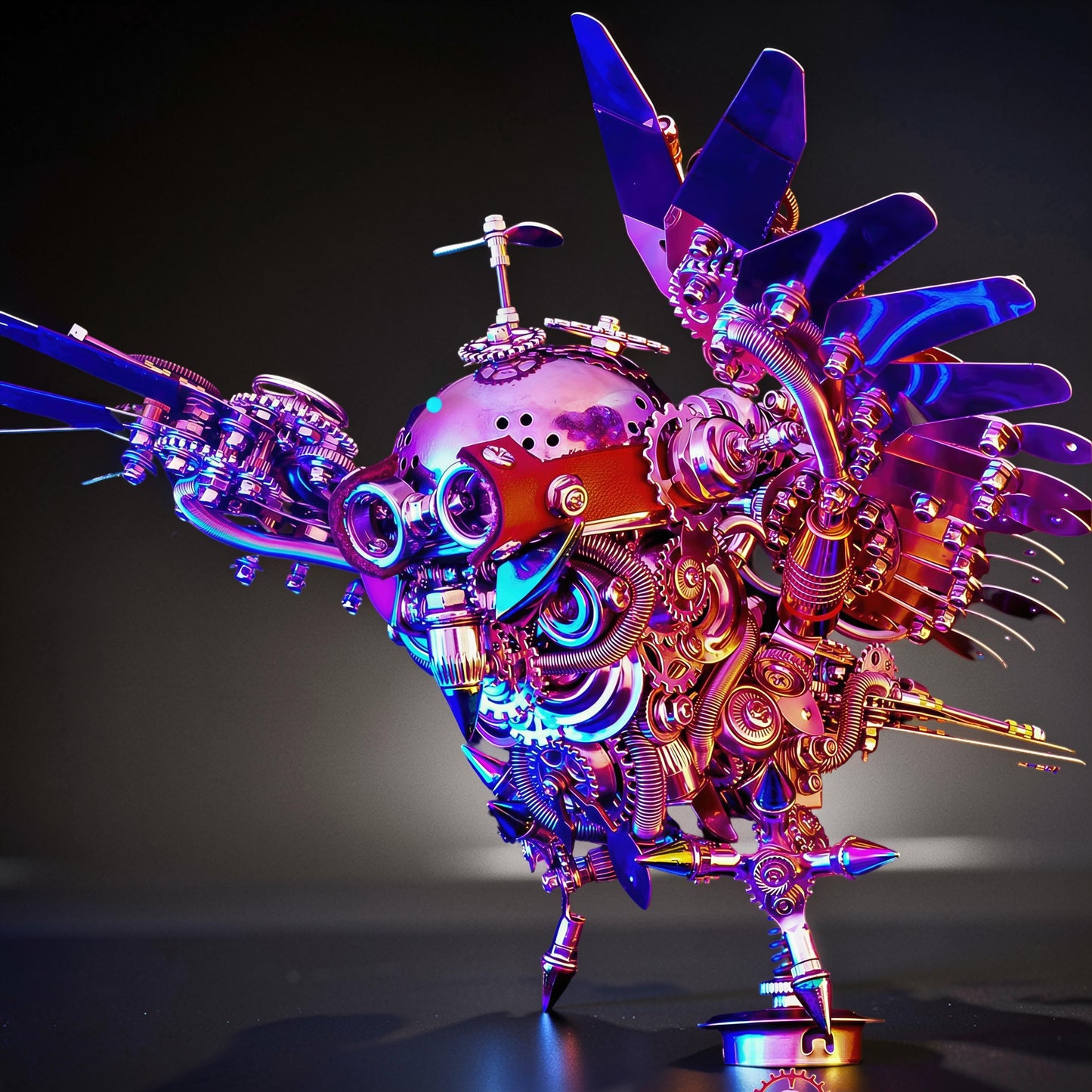 The Curious Mind Steampunk Owl 3D metal model kit with intricate gears, pipes, and iridescent metallic finish.