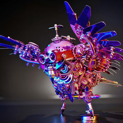 The Curious Mind Steampunk Owl 3D metal model kit with intricate gears, pipes, and iridescent metallic finish.