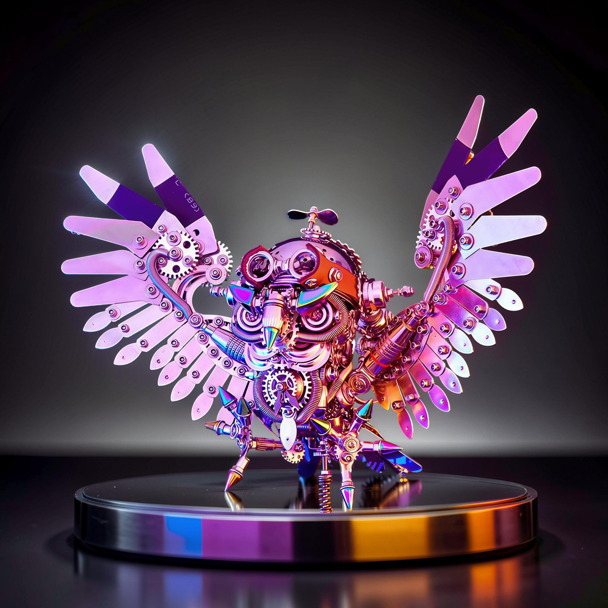 The Curious Mind Steampunk Owl 3D metal model kit with intricate gears, polished metal finish, and iridescent wings.